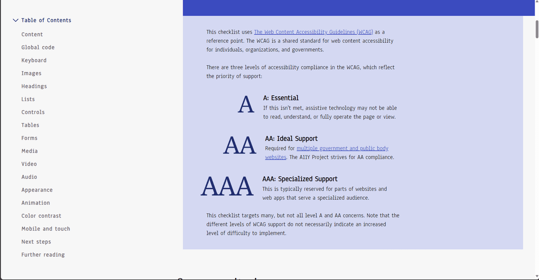 Die drei Barrierfreiheitsstufen der WCAG. A steht für essentielle Anforderungen, AA steht für ideale Unterstützung und AAA für spezialisierte Unterstützung.