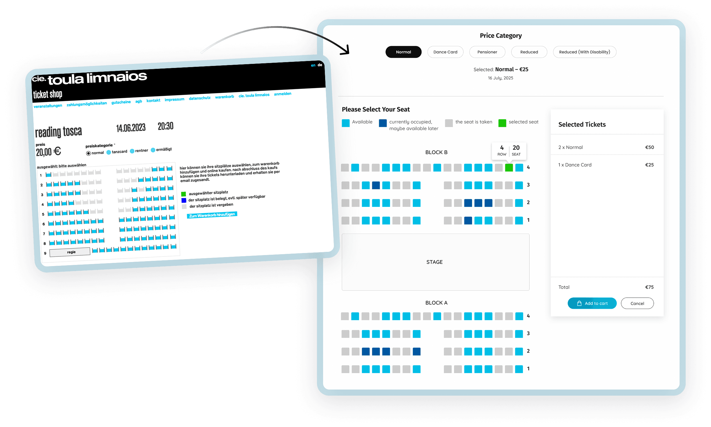 Sitzplatzwahl des alten Toula Ticketshops zu neuem Saalplan